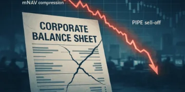 Falling Bitcoin price over corporate balance-sheet graphic. Caption: Bitcoin treasury companies face a sector-wide re-rating after PIPE unlocking, mNAV compression and a historic crypto liquidation.