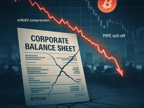 Falling Bitcoin price over corporate balance-sheet graphic. Caption: Bitcoin treasury companies face a sector-wide re-rating after PIPE unlocking, mNAV compression and a historic crypto liquidation.