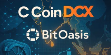 Coinbase and CoinDCX logos over a map of India and MENA with blockchain visuals. Caption: Coinbase deepens its strategic investment in CoinDCX, valuing the exchange at $2.45B as it scales across India and the Middle East.
