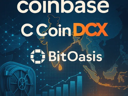 Coinbase and CoinDCX logos over a map of India and MENA with blockchain visuals. Caption: Coinbase deepens its strategic investment in CoinDCX, valuing the exchange at $2.45B as it scales across India and the Middle East.