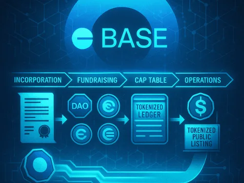 Visual pipeline showing a startup lifecycle on blockchain rails with Coinbase/Base logo. Caption: Coinbase aims to host the entire startup lifecycle onchain — from incorporation and fundraising to tokenized IPOs