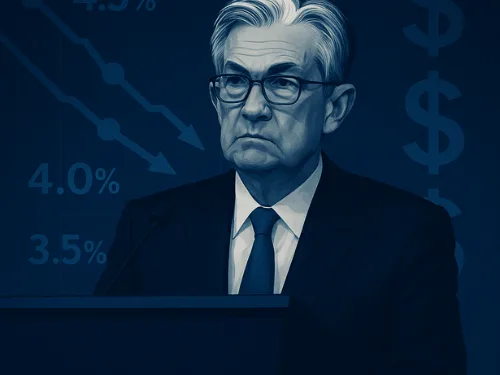 Jerome Powell at FOMC press conference with overlay of rate chart. Caption: The Fed’s October Rate Cut by 25bps to 3.75%–4.00%, signaling a cautious turn toward easing amid slowing inflation and jobs data.