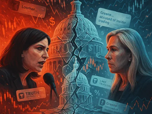 A symbolic depiction of the political and financial clash between Laura Loomer and Marjorie Taylor Greene — where politics, markets, and power collide amid insider trading allegations.
