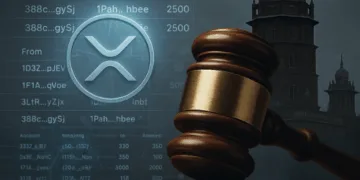 Court gavel over blockchain ledger and XRP token. Caption: Madras High Court rules cryptocurrency is property capable of being held in trust, strengthening legal protections for Indian holders.