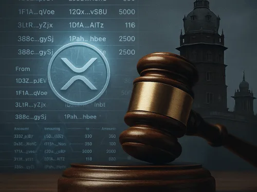 Court gavel over blockchain ledger and XRP token. Caption: Madras High Court rules cryptocurrency is property capable of being held in trust, strengthening legal protections for Indian holders.