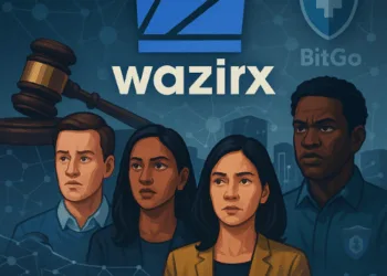 Users and a courtroom gavel superimposed on WazirX logo and blockchain nodes. Caption: Singapore High Court sanctions WazirX restructuring plan, clearing the path for platform restart and partial recoveries.