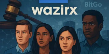 Users and a courtroom gavel superimposed on WazirX logo and blockchain nodes. Caption: Singapore High Court sanctions WazirX restructuring plan, clearing the path for platform restart and partial recoveries.