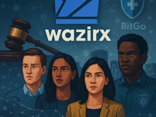 Users and a courtroom gavel superimposed on WazirX logo and blockchain nodes. Caption: Singapore High Court sanctions WazirX restructuring plan, clearing the path for platform restart and partial recoveries.