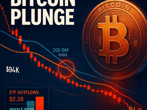 Bitcoin price chart showing death cross at $94k support; Fear & Greed Index at extreme fear 10; whale accumulation vs ETF outflows comparison