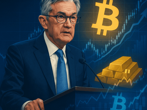 Jerome Powell with overlay of Bitcoin, gold, and stock charts. Caption: The Fed rate cut October 2025 lowered rates to 3.75%–4.00%, signaling a cautious easing cycle and renewed investor optimism across markets.