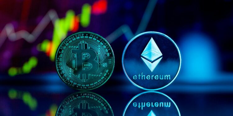 Bitmine logo with Ethereum tokens and financial charts representing crypto growth.