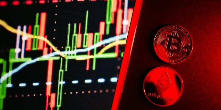 Graphic showing Ethereum and stablecoin logos with financial charts and upward trends.