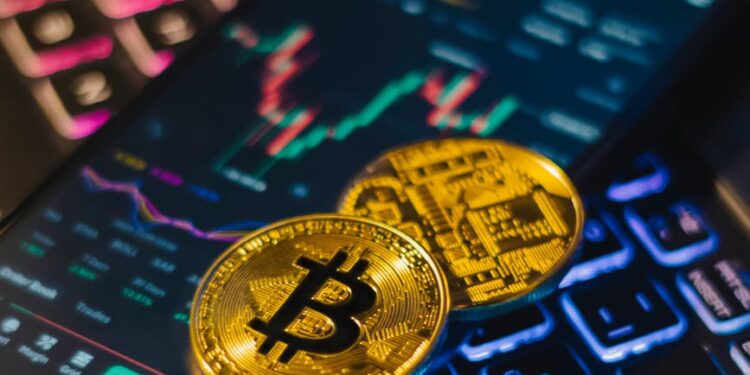 A financial graph showing rising Bitcoin values with corporate debt reduction arrows.