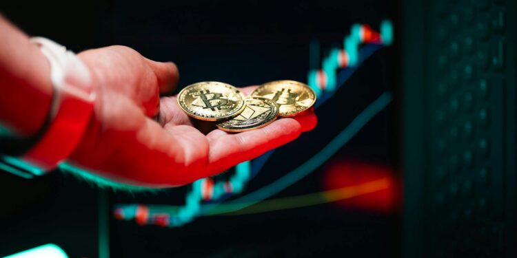 A digital representation of Ether coins with stock market data in the background.