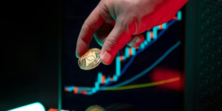 A digital graph showing Bitcoin trends with the Frankfurt skyline in the background.