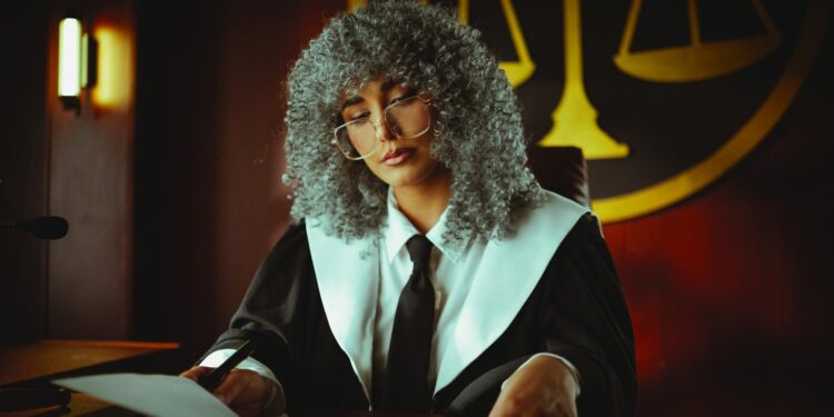 A judge in a courtroom reviewing documents related to Kalshi sports betting regulations.