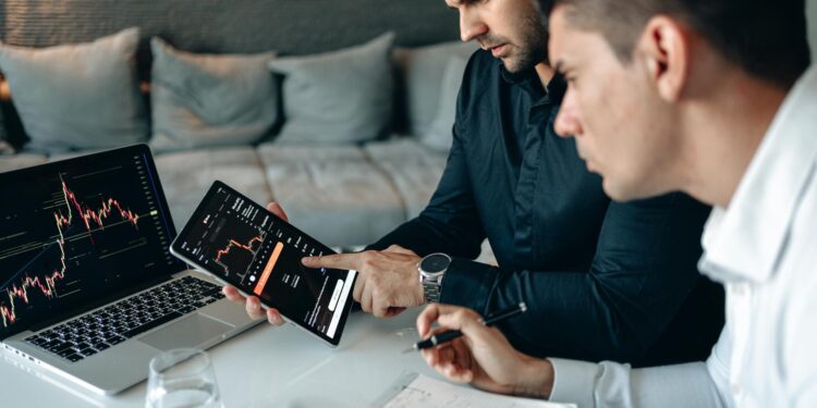 A digital representation of cryptocurrency markets with regulatory symbols and charts.