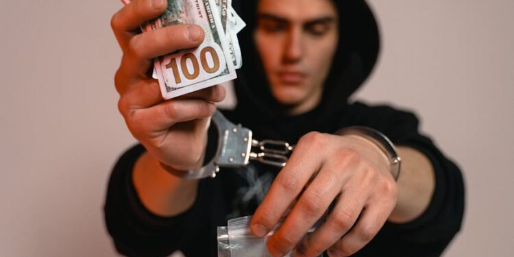 Stacks of cash and cryptocurrency coins symbolizing seized funds in drug trafficking.