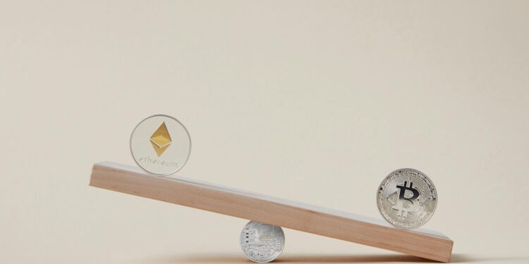 Bitcoin logo with a background of financial charts and institutional buildings, symbolizing stability.