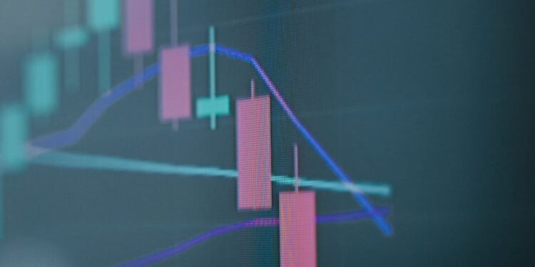 A digital graphic showing Chainlink's logo with stock market charts and financial data streams.