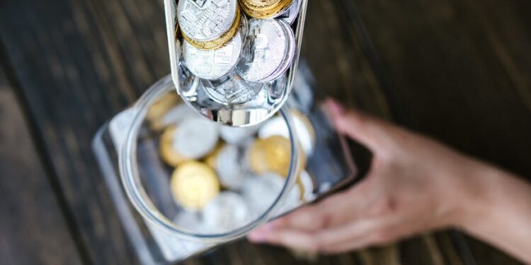 Hands exchanging gold and silver coins, with USDT logo prominently displayed.