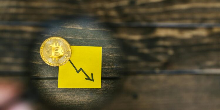 A graphic showing a declining cryptocurrency market trend with warning signs and regulatory symbols.