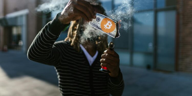 US soldier holding a Bitcoin symbol amidst a backdrop of Venezuelan currency notes.