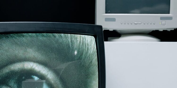 EU regulators examining a digital screen displaying deepfake technology and cryptocurrency symbols.