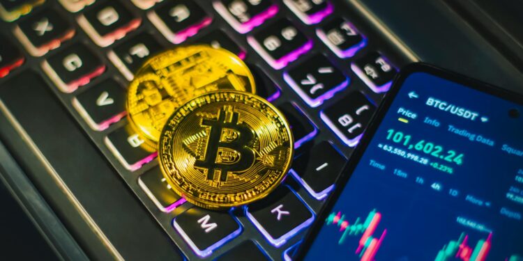 A person managing digital assets on a smartphone, with cryptocurrency icons in the background.