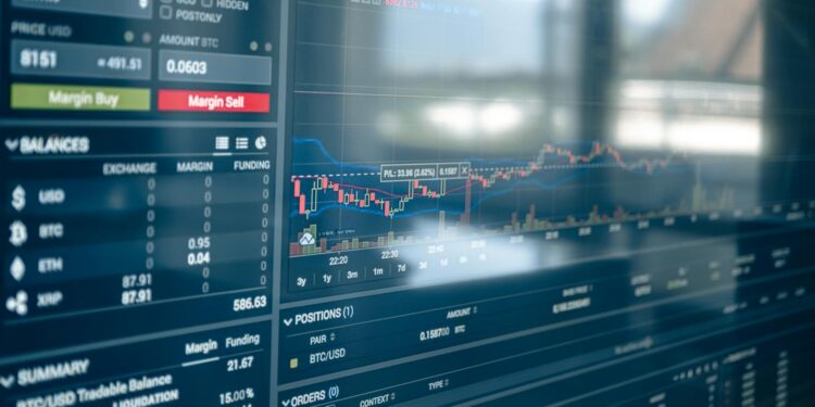 A digital stock certificate displayed on a screen with cryptocurrency symbols around it.