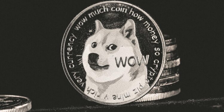 Dogecoin logo with upward trend graph showing 5% surge in crypto market.