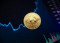 Bitcoin chart showing a downward trend, with a digital backdrop of AI technology symbols.