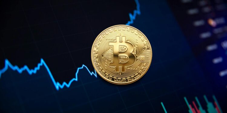 Bitcoin chart showing a downward trend, with a digital backdrop of AI technology symbols.
