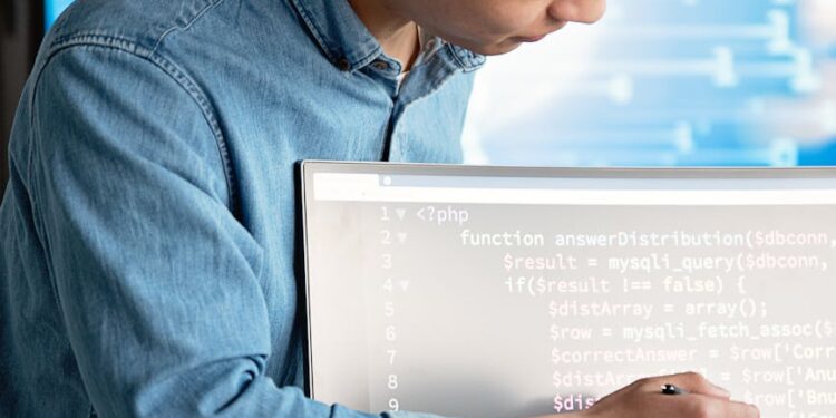 Developers analyzing smart contract code on a computer screen with cryptocurrency graphics.