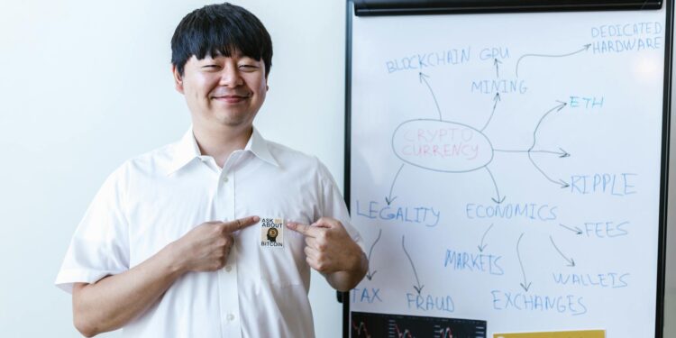 A person trading stocks on a digital platform with cryptocurrency icons in the background.