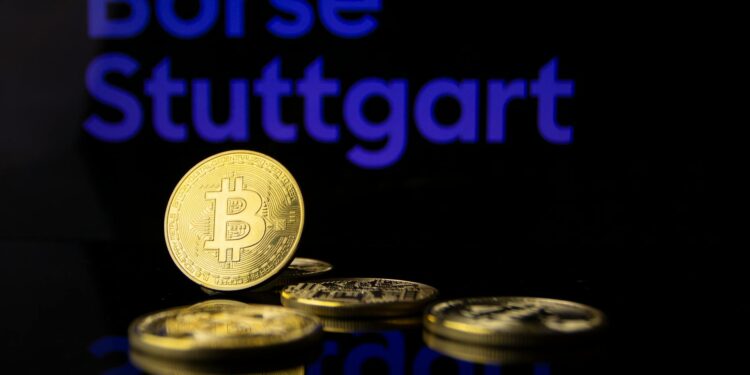 Logos of Boerse Stuttgart Digital and Tradias overlaid on a digital currency background.