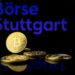 Logos of Boerse Stuttgart Digital and Tradias overlaid on a digital currency background.