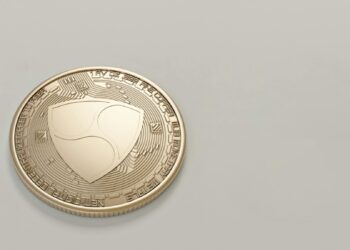 A digital illustration of cryptocurrency coins with a shadowy network diagram in the background.