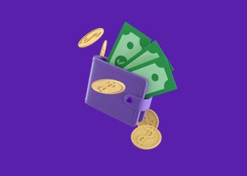 A digital currency wallet graphic with a lock, surrounded by floating coins and dollar signs.