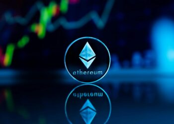 A digital representation of Ethereum's logo with an upward trending graph in the background.