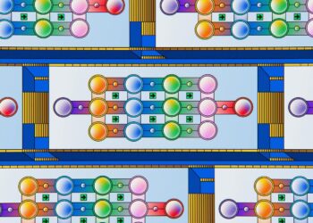 Graphic showing a futuristic digital landscape representing AI and blockchain technology.