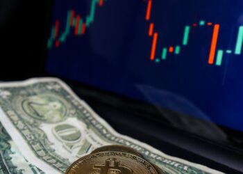 Bitcoin chart with upward trend, U.S. dollar and oil price indicators in the background.