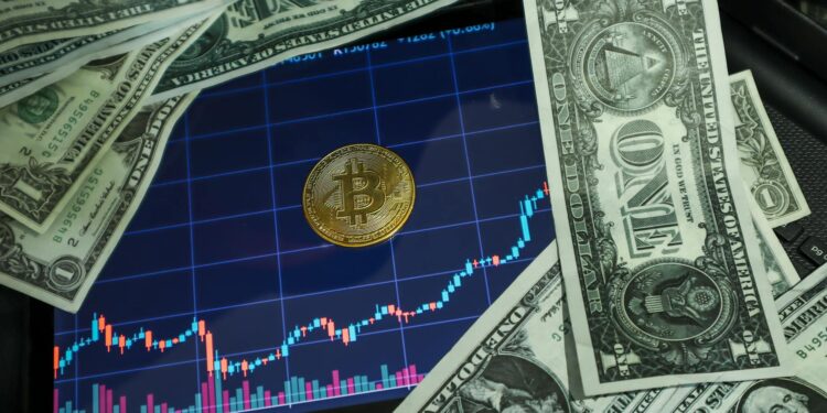 Bitcoin and oil price charts showing a surge, with upward trends and dollar signs.