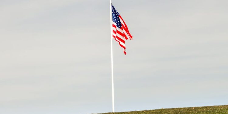 Cryptocurrency symbols and graphs with a backdrop of the US flag and sanctions document.