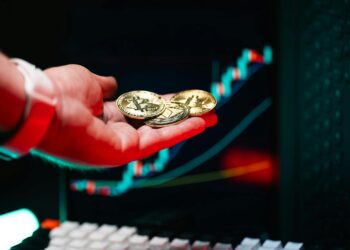 Bitcoin symbol rising against a backdrop of global market volatility and geopolitical tensions.