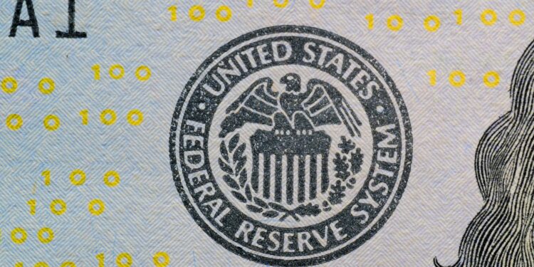 A graphic depicting a digital currency symbol with financial charts and a federal reserve building.