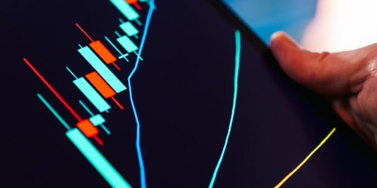 A graphic displaying crypto market fluctuations with a warning sign and liquidation statistics.