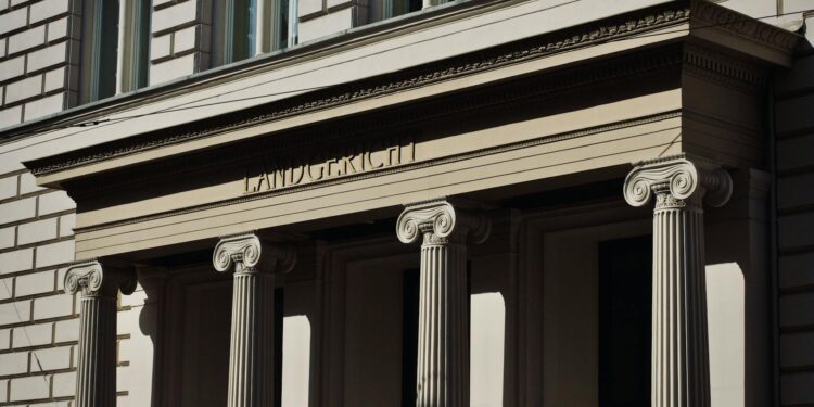 UK High Court building with Bitcoin logo overlay, symbolizing cryptocurrency legal status shift.