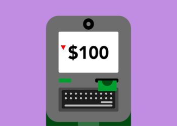 Cryptocurrency ATM machine with cautionary signs about financial risks and regulations.