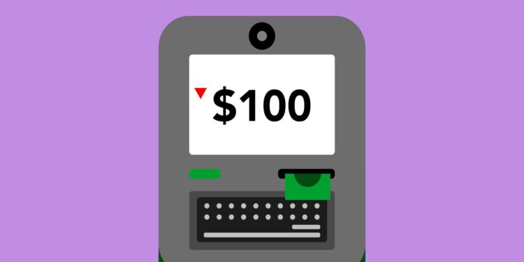 Cryptocurrency ATM machine with cautionary signs about financial risks and regulations.